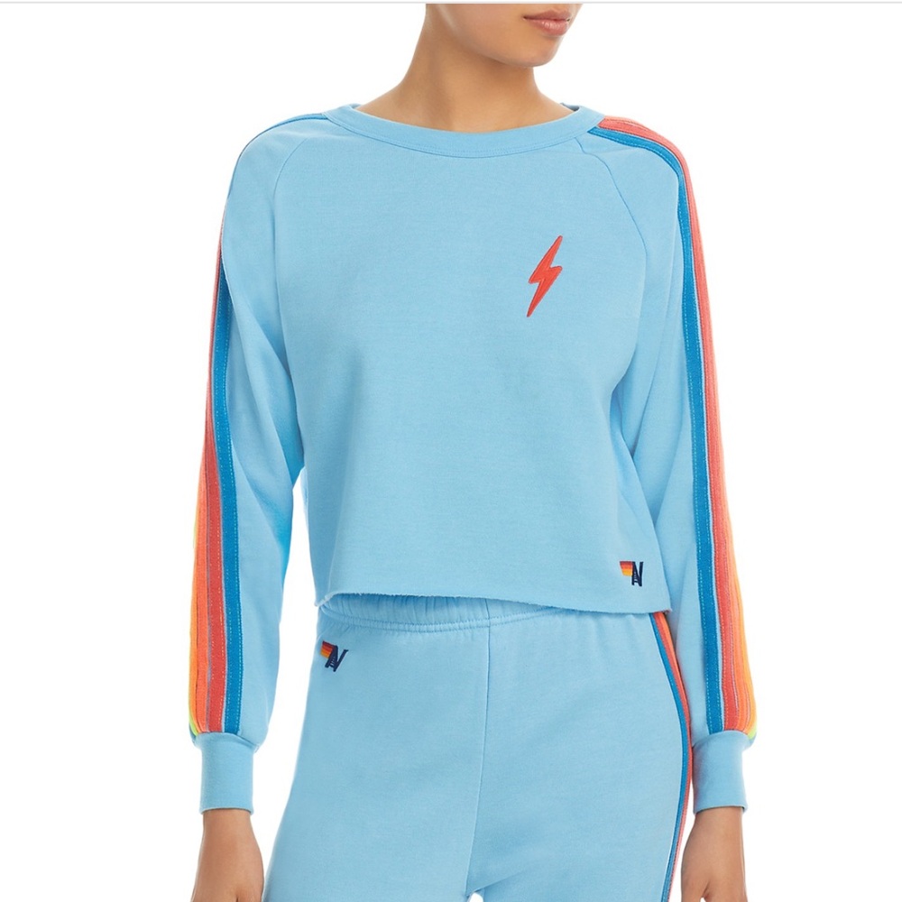 Aviator Nation cropped blue sweatshirt neon stripes - Picture 6 of 6